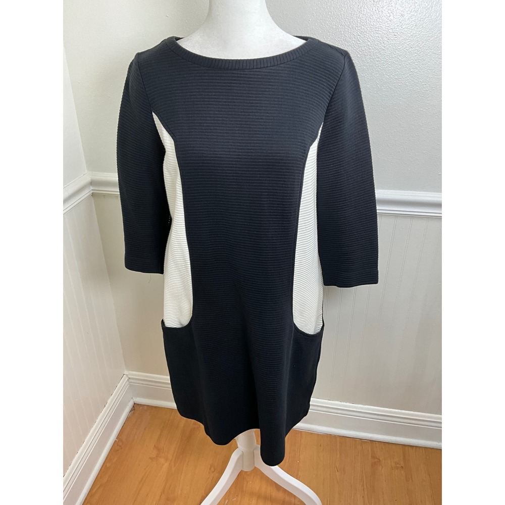 Boden Dress Black White‎ Ribbed Knit 3/4 Sleeve Pockets Casual Women Size 10